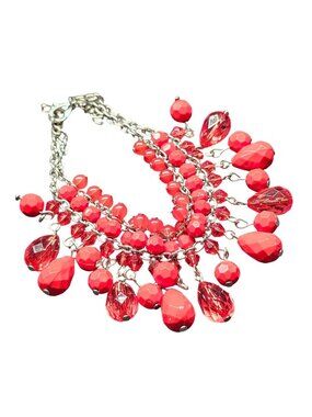 Vintage Red Beaded Dangle Bracelet With Silver Chain & Clasp
